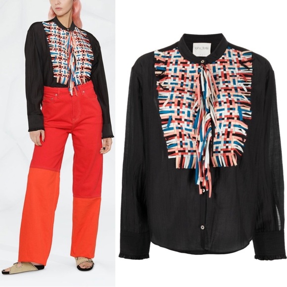 Forte Forte Woven Bib Long Sleeved Shirt Size 6 NWT Black Multicolor - Picture 1 of 6